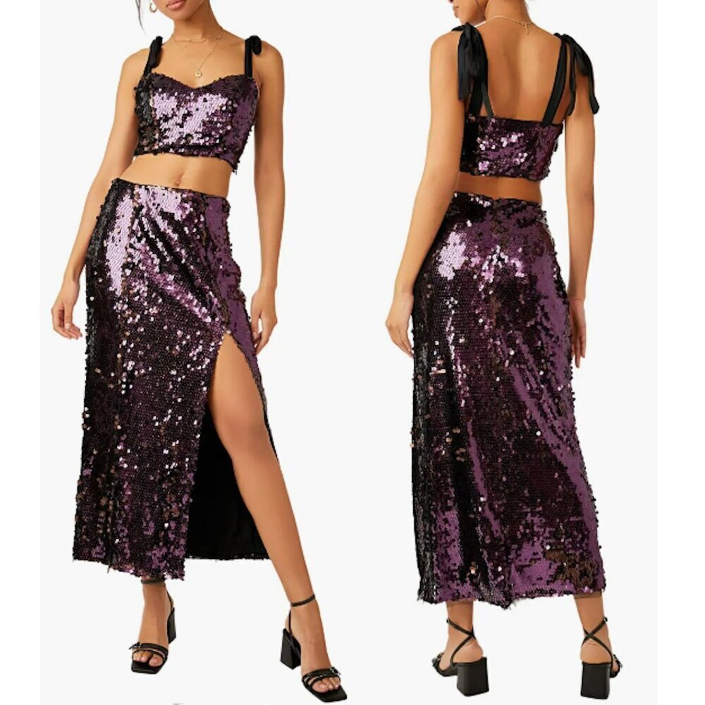 NWT New $198 Free People Star Bright Sequin Two-Piece Crop Top Midi Skirt Size 2